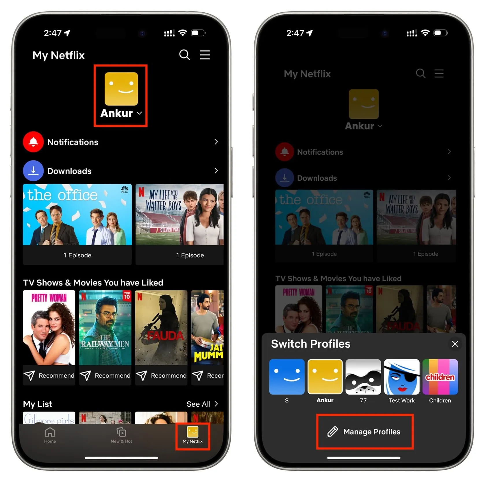 Netflix 앱에서 현재 프로필을 탭하고 프로필 관리를 선택하세요.