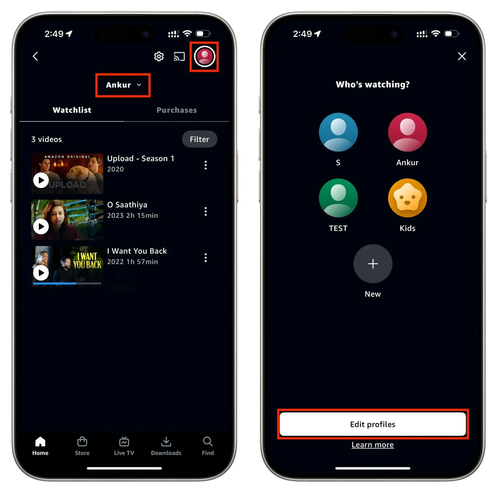 Toca el nombre del perfil actual en la aplicación Prime Video y toca Editar perfiles