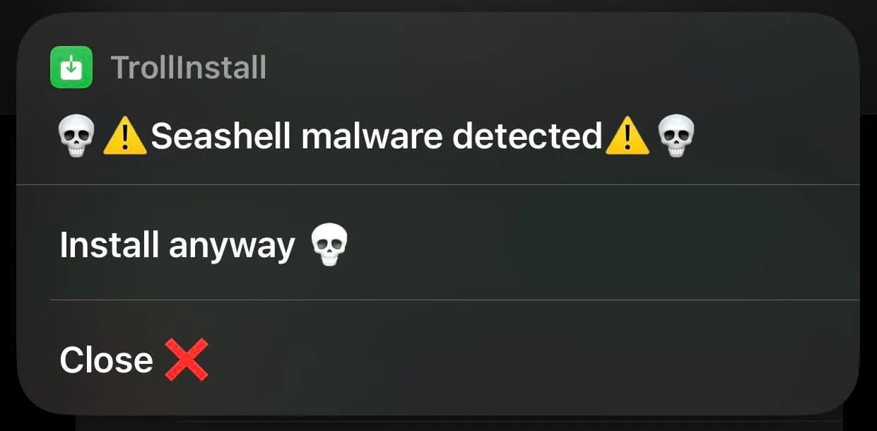 De TrollInstall-snelkoppeling vraagt ​​de gebruiker wat hij vervolgens moet doen nadat een SeaShell-infectie is gevonden.