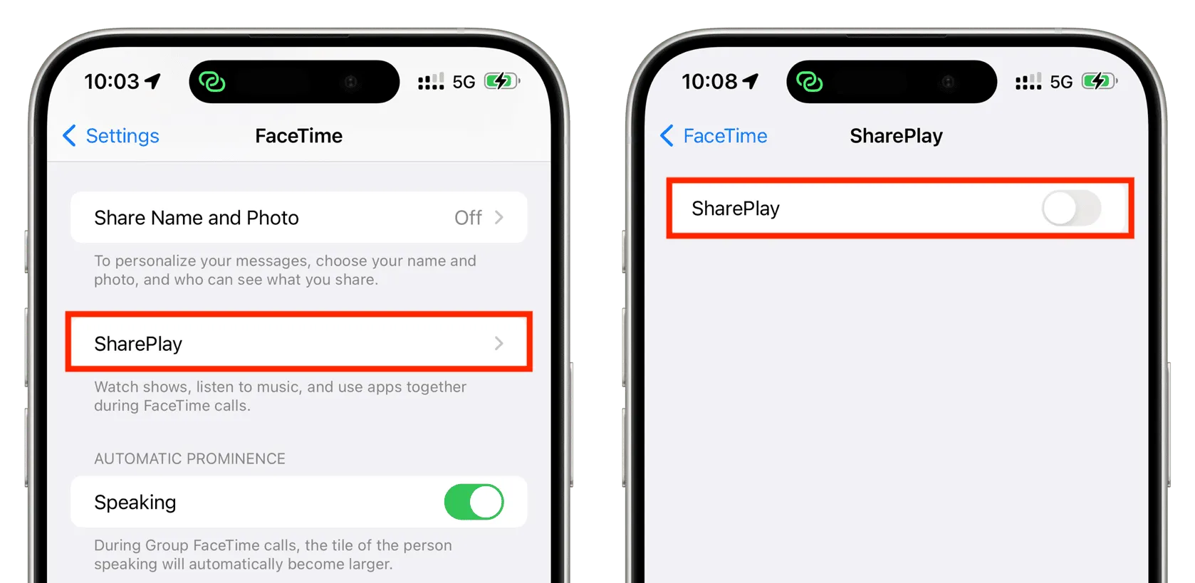 Desactiva SharePlay en la configuración de FaceTime del iPhone