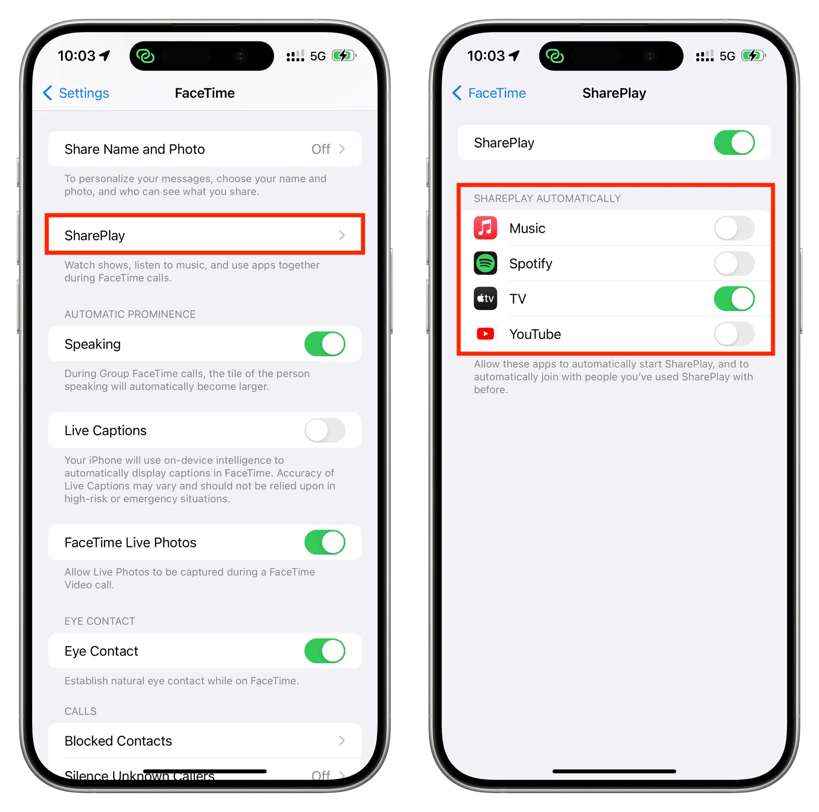 Desactive SharePlay automático para algunas aplicaciones en la configuración de FaceTime de iOS