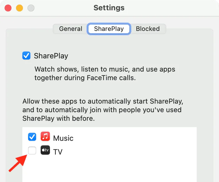 Décochez le nom de l'application dans les paramètres FaceTime pour arrêter le SharePlay automatique sur Mac