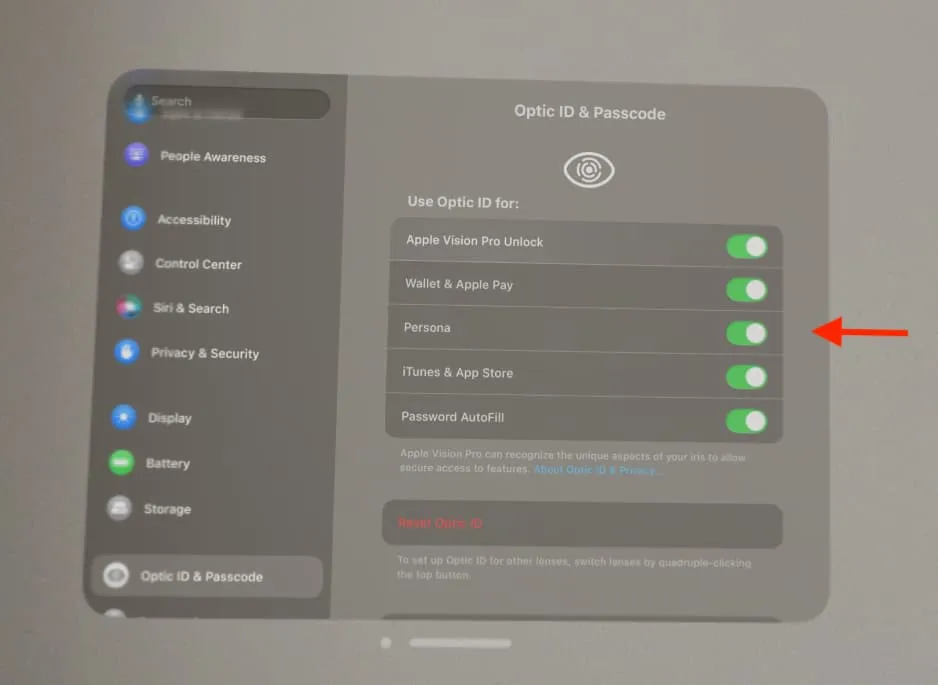 Gebruik de optie 'Optic ID voor' in Vision Pro-instellingen