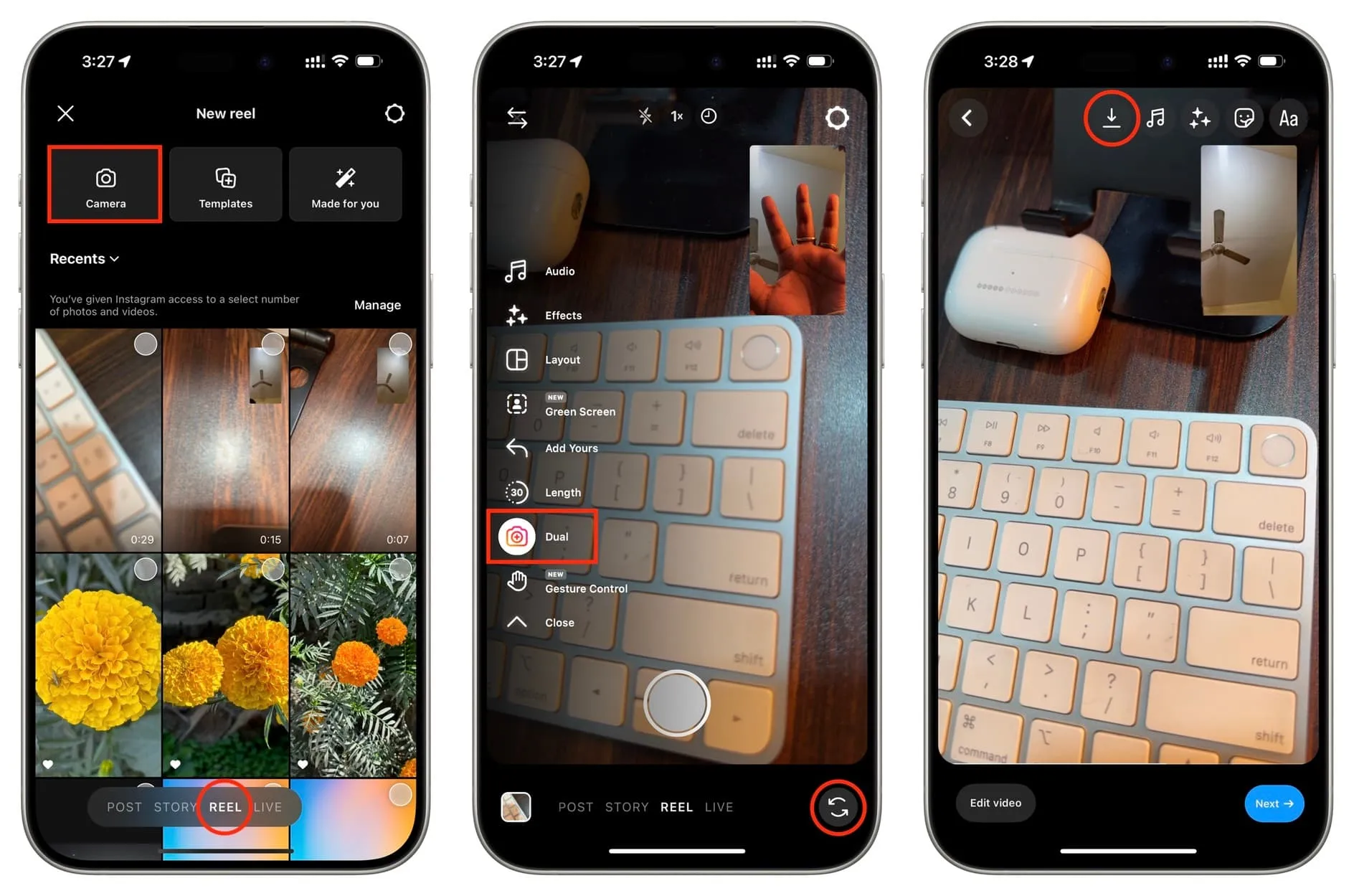 Utilisation du mode Double caméra dans l'application Instagram sur iPhone pour enregistrer à l'aide des caméras arrière et avant