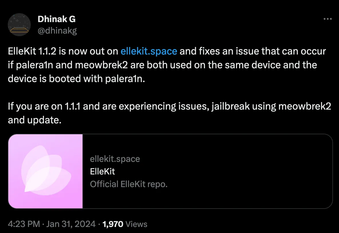 dhinakg는 ElleKit v1.1.2 릴리스를 발표했습니다.