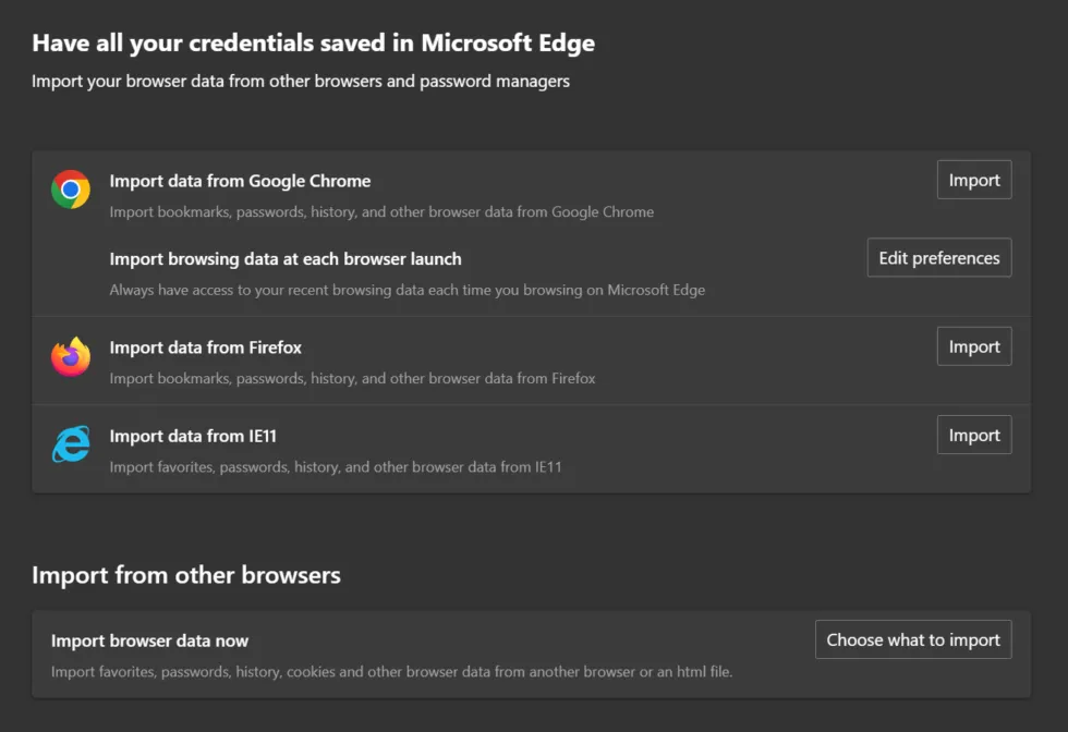 Ustawienie Edge widoczne w systemie Windows 11 23H2 z systemem Edge 122. Dane mogą być stale importowane z przeglądarki Chrome lub na żądanie z przeglądarki Firefox, ale inne przeglądarki nie są wyświetlane.