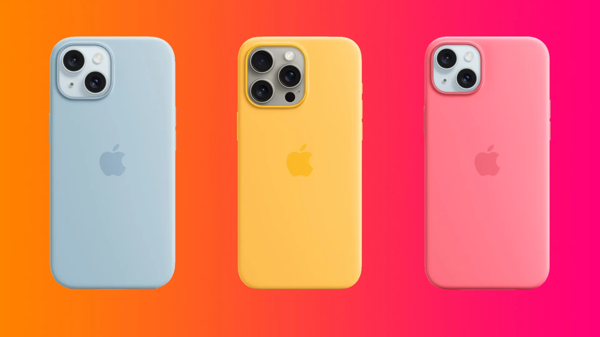 iPhone che presentano la custodia in silicone di Appel nei colori azzurro, sole e rosa