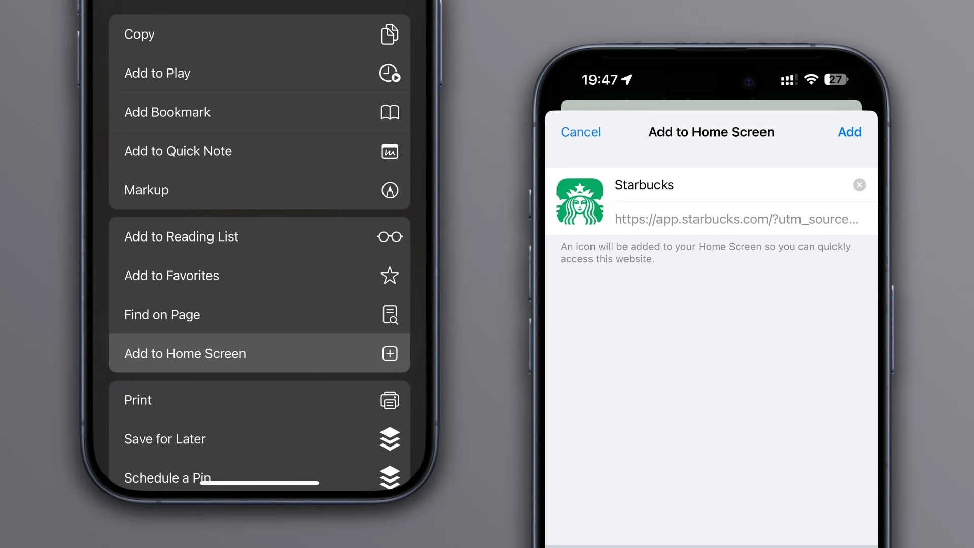 Das Freigabemenü von Safari für iPhone mit hervorgehobener Option „Zum Startbildschirm hinzufügen“.