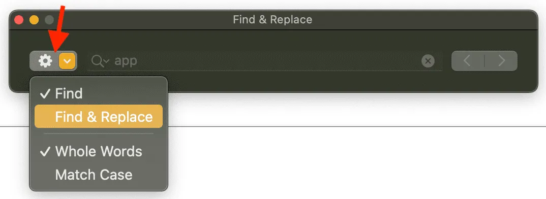 Нажмите значок шестеренки и выберите «Найти и заменить в приложении Pages».