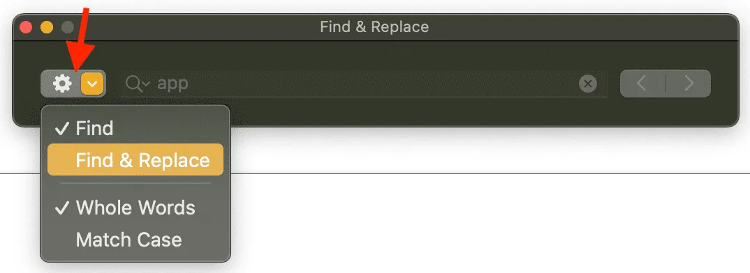 Cliquez sur l'icône d'engrenage et choisissez Rechercher et remplacer dans l'application Pages.