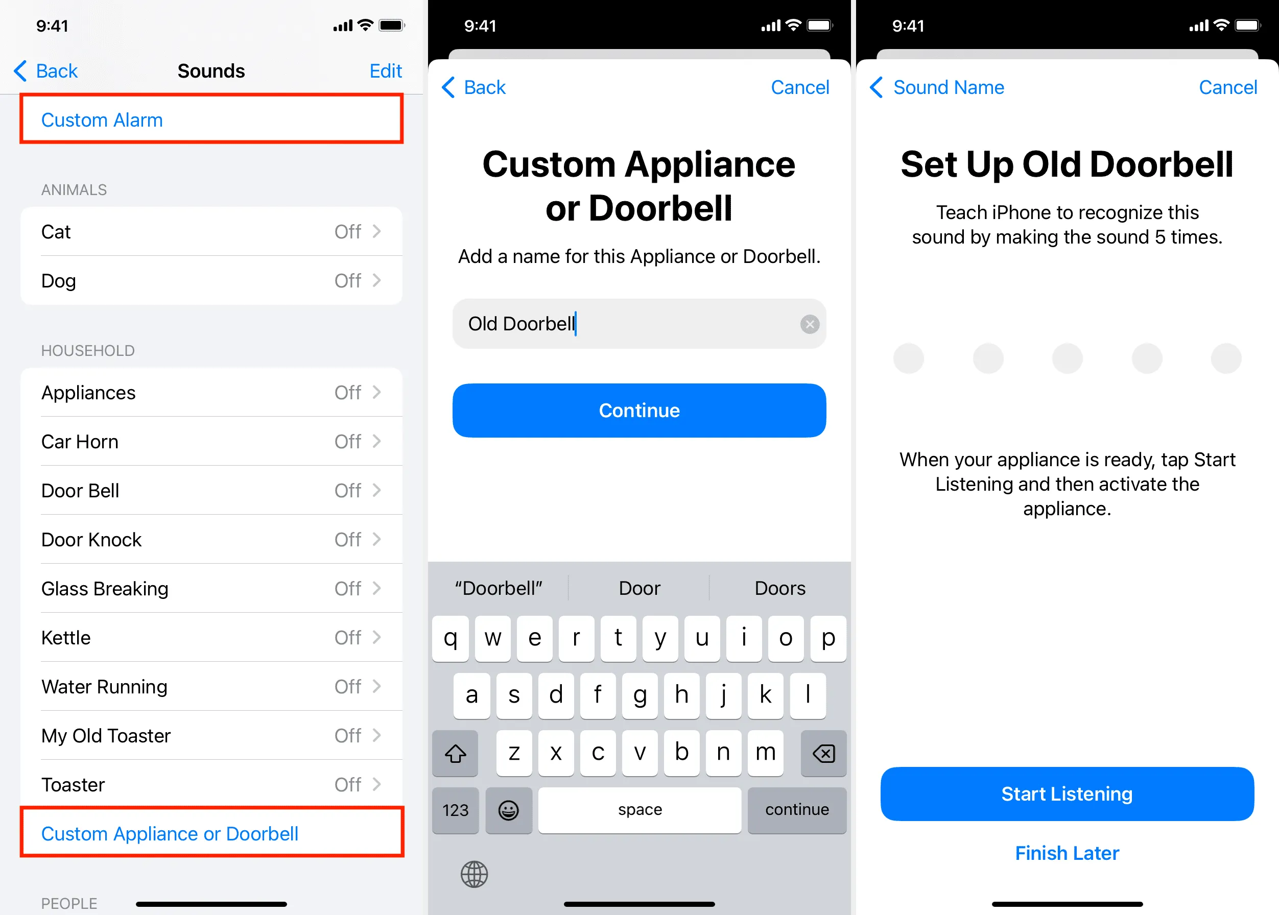 Dispositivo personalizado o timbre en la configuración de reconocimiento de sonido en iPhone