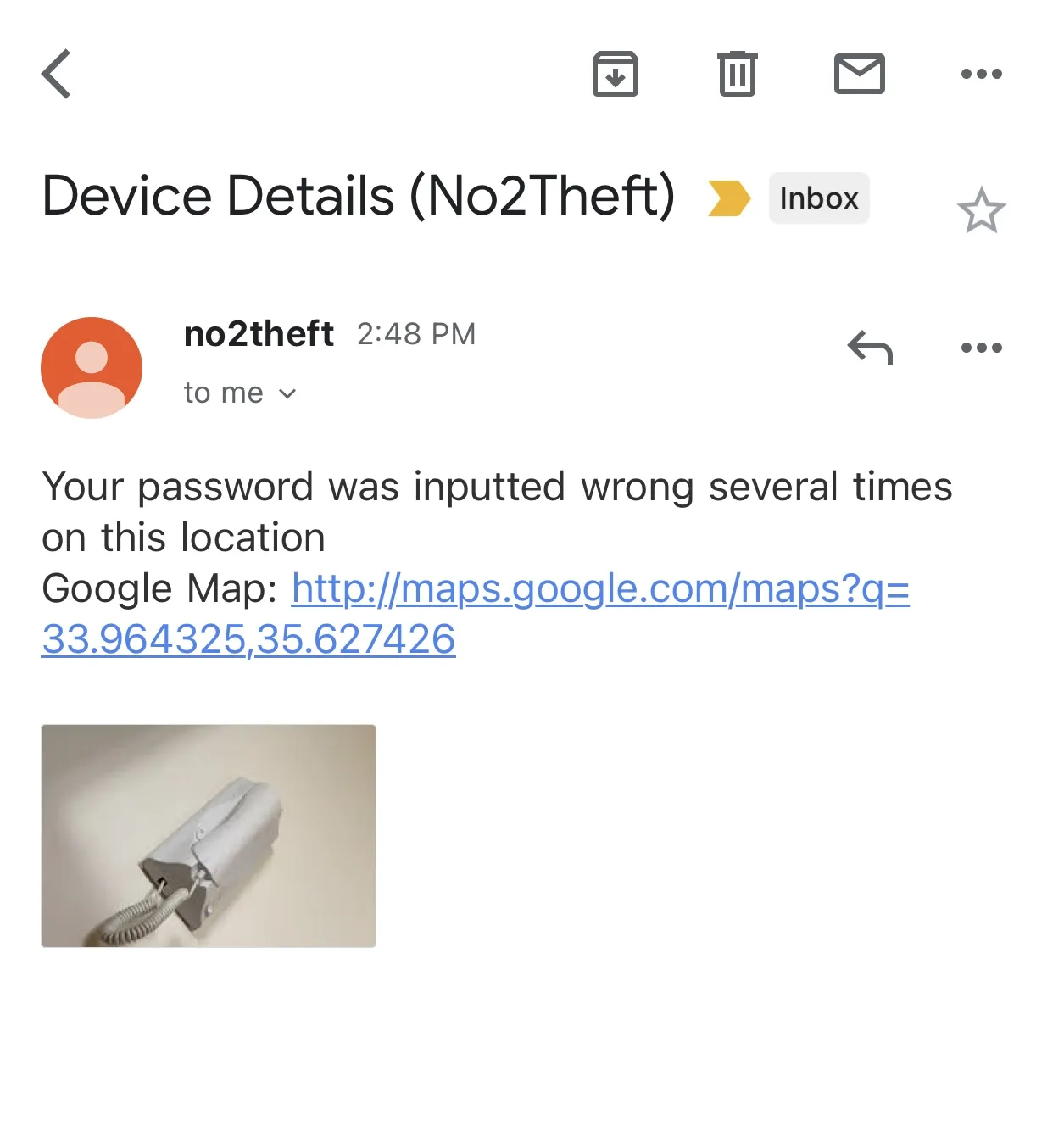 Un'e-mail che mostra cosa appare quando qualcuno tenta di rubare il tuo iPhone abilitato No2Theft.
