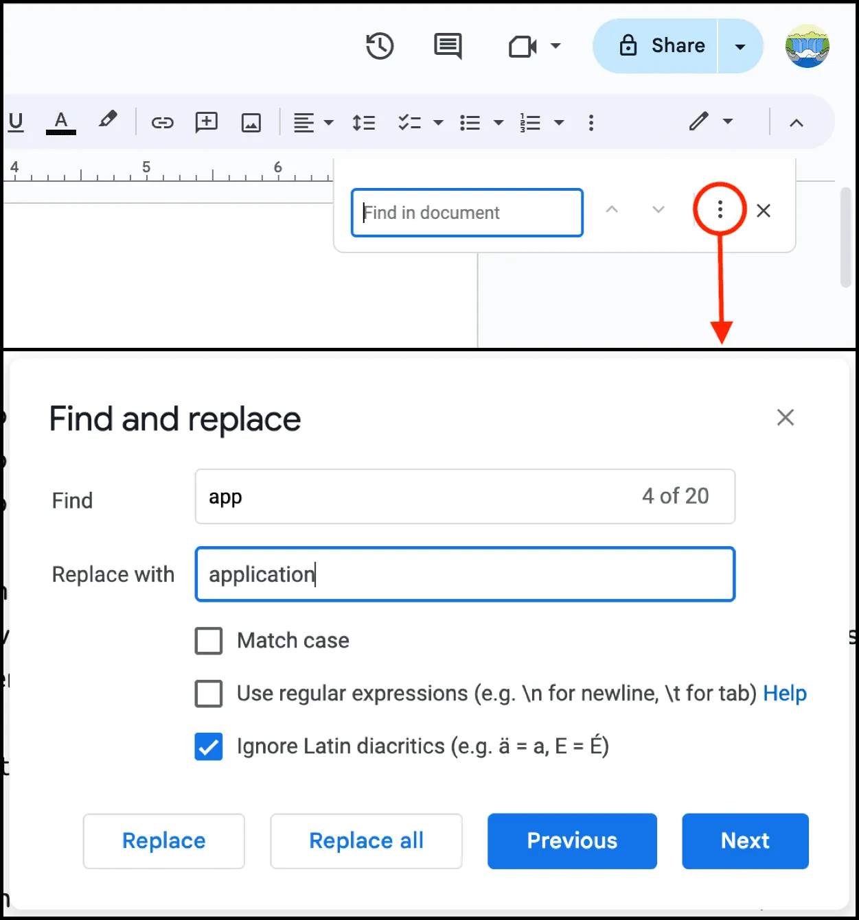 Suchen und ersetzen Sie in Google Docs