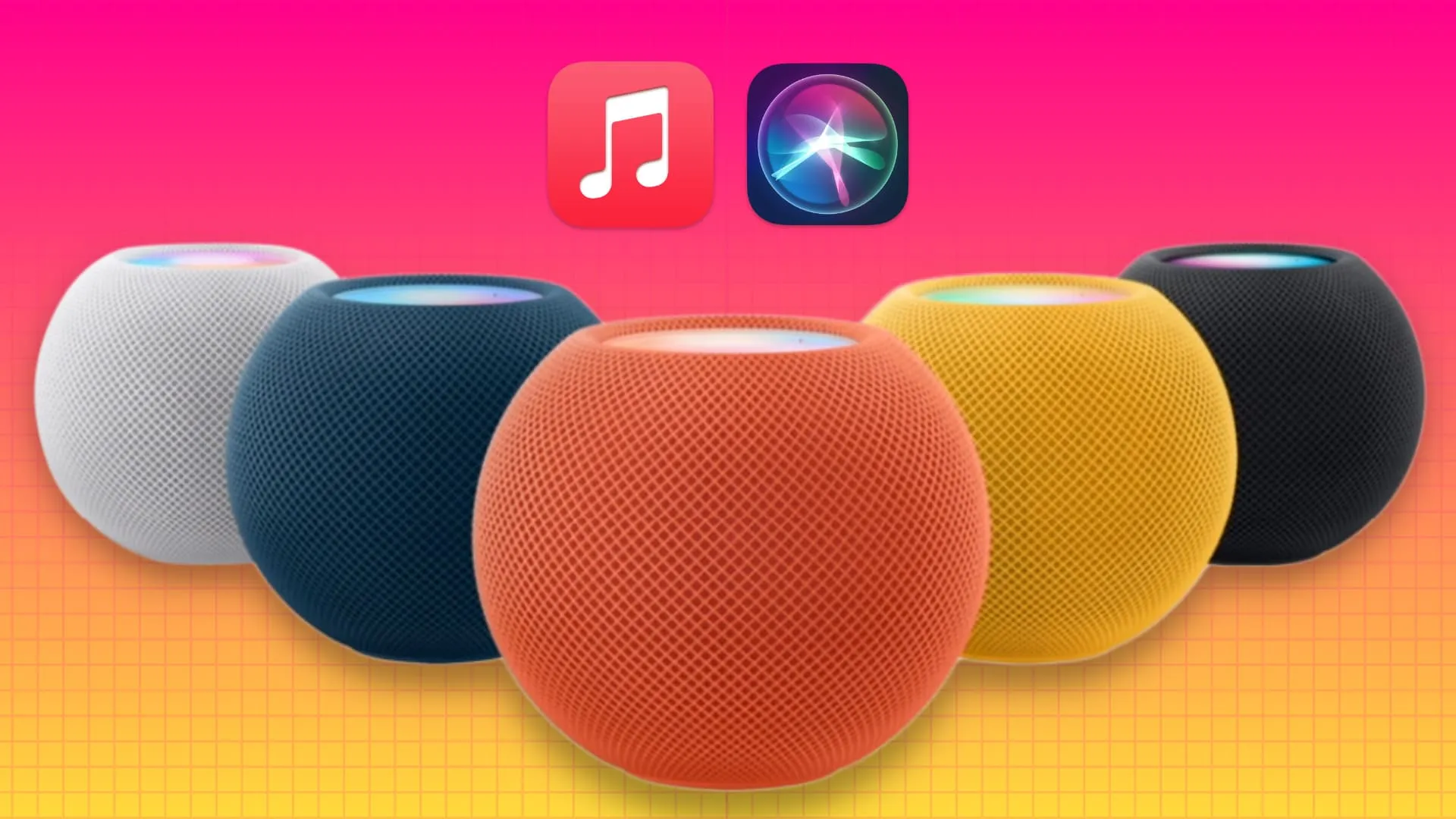 Fem HomePods mini i forskellige farver med Apple Music og Siri-ikoner over dem
