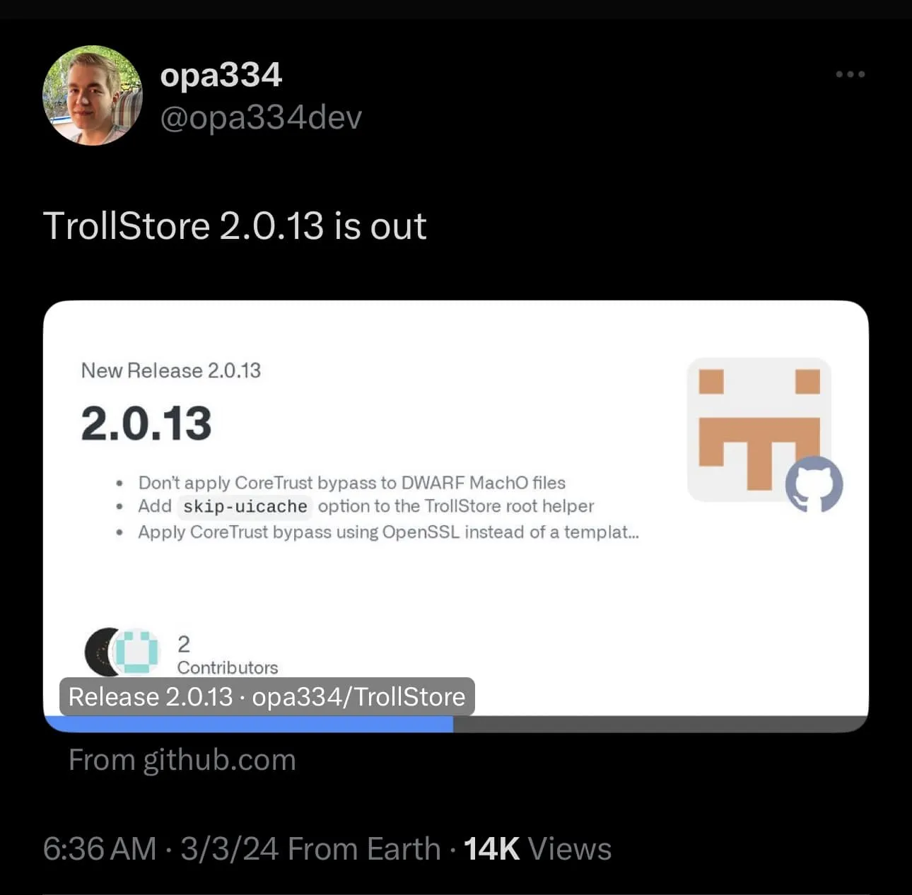 Ларс Фредер анонсує TrollStore версії 2.0.13 на X.