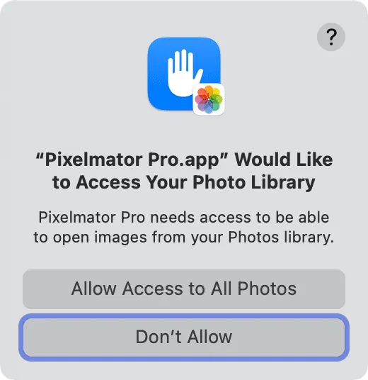 Pixelmator Pro richiede l'autorizzazione per l'app Foto su Mac
