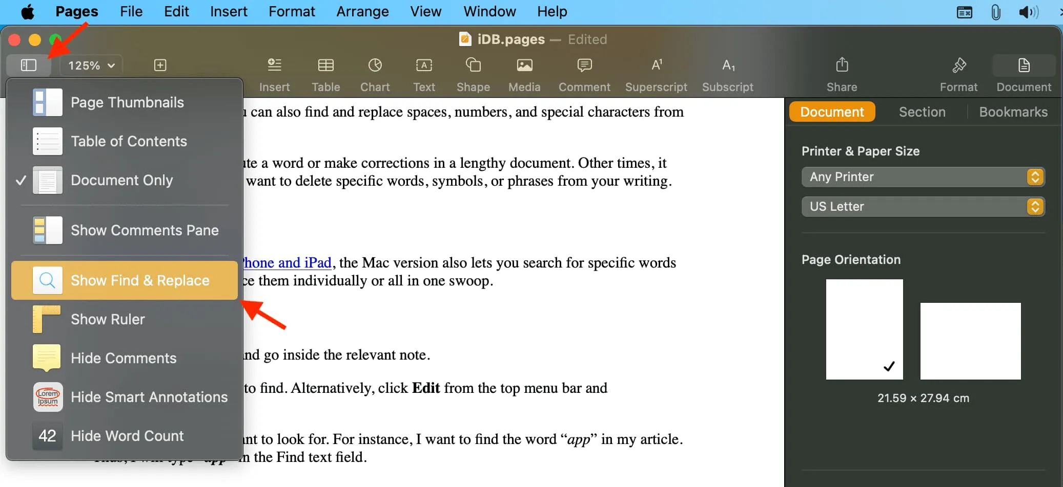 Показывать приложение «Найти и заменить в Pages» на Mac