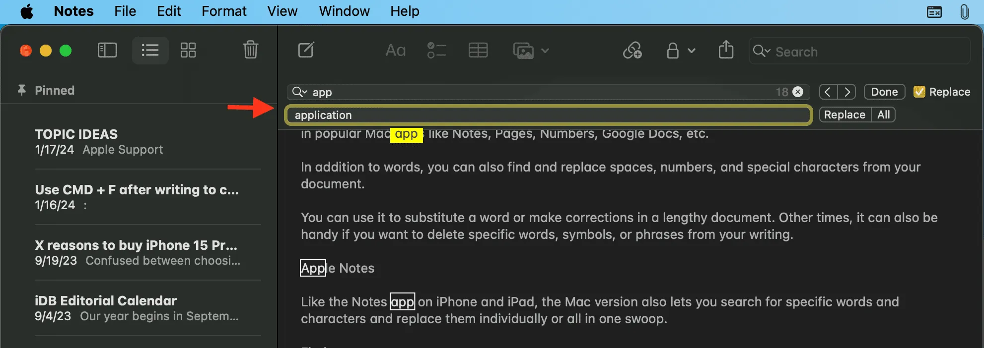 Usando Localizar e Substituir no aplicativo Notas no Mac