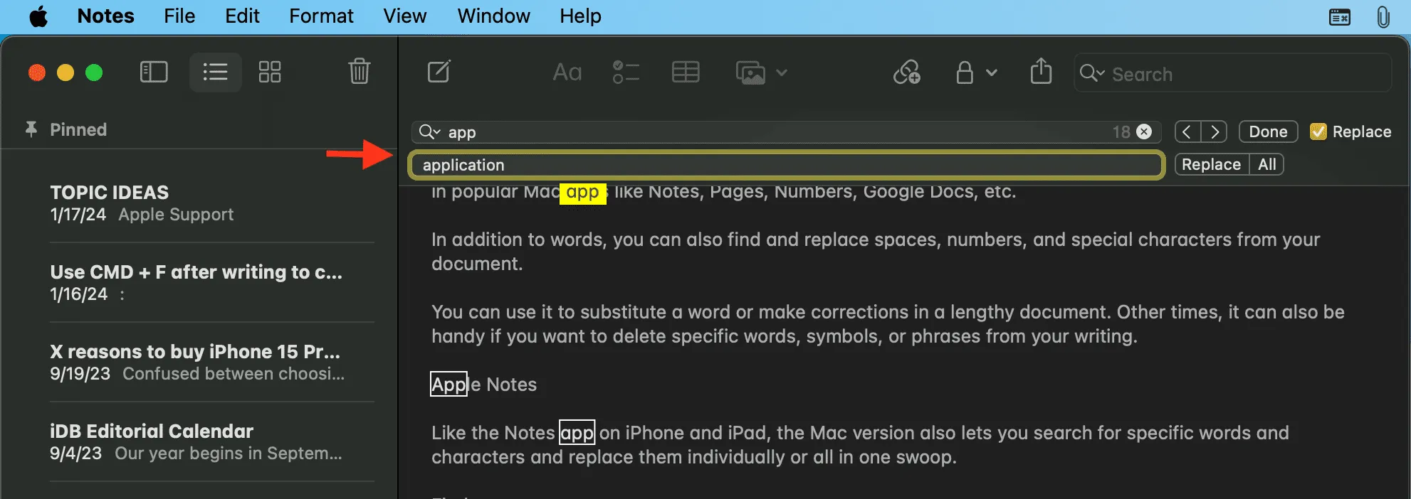 Utilizzo di Trova e sostituisci nell'app Note su Mac