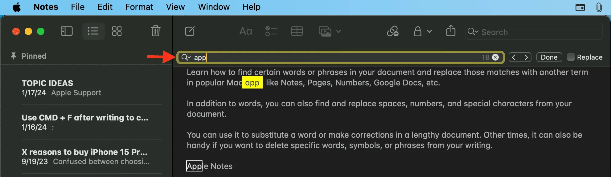 Использование инструмента «Найти» в Apple Notes на Mac