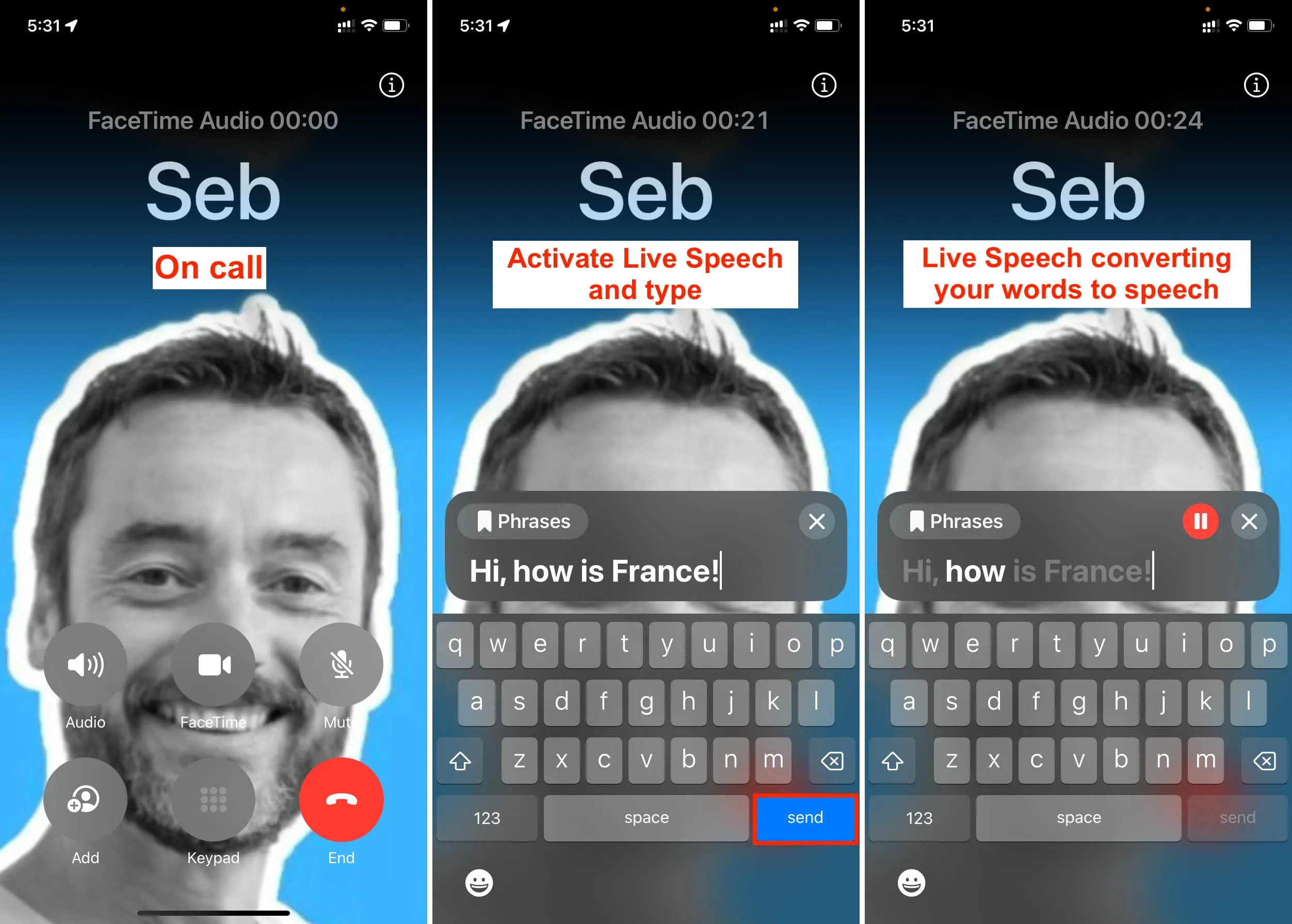 Uso de Live Speech durante una llamada telefónica en iPhone